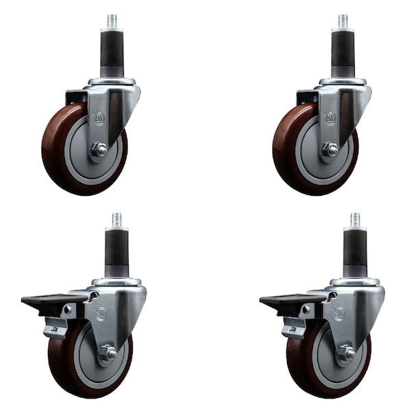 Service Caster 4'' Maroon Poly Wheel Swivel 1-1/4'' Expanding Stem Caster Set 2 Brakes, 4PK SCC-EX20S414-PPUB-MRN-2-PLB-2-114 - main